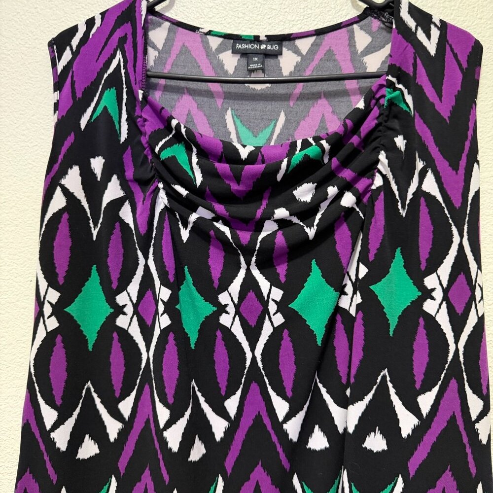 Fashion Bug geometric sleeveless top, purple black multi, scoop neck, 1X